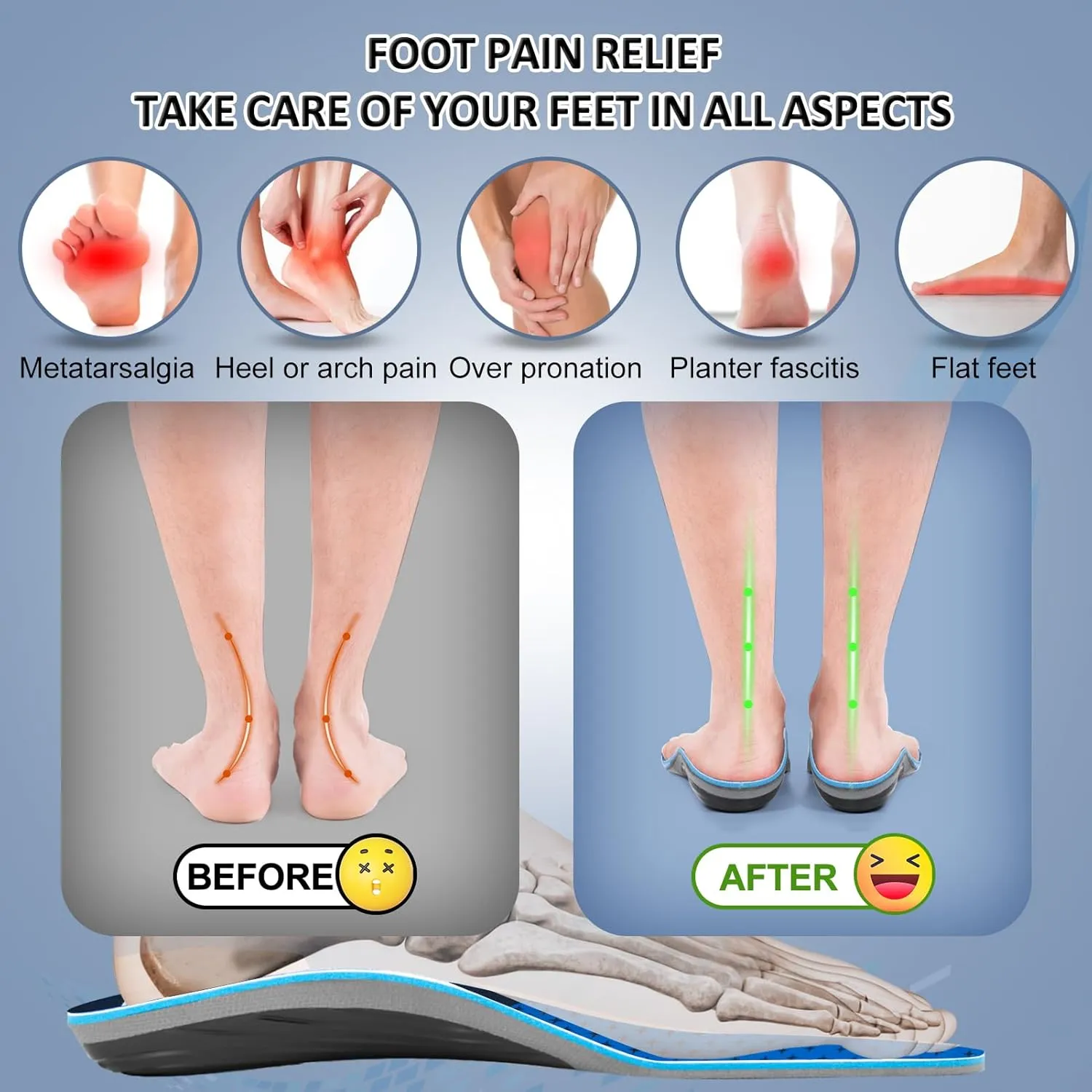 AOTENG STAR Plantar Fasciitis Insoles, High Arch Support Insoles from 240 to 300 lbs, Heavy Duty Orthotic Shoe Inserts for All Day Walking, Standing (Men 10.5 / Women 12(285mm), Blue-Enhanced)