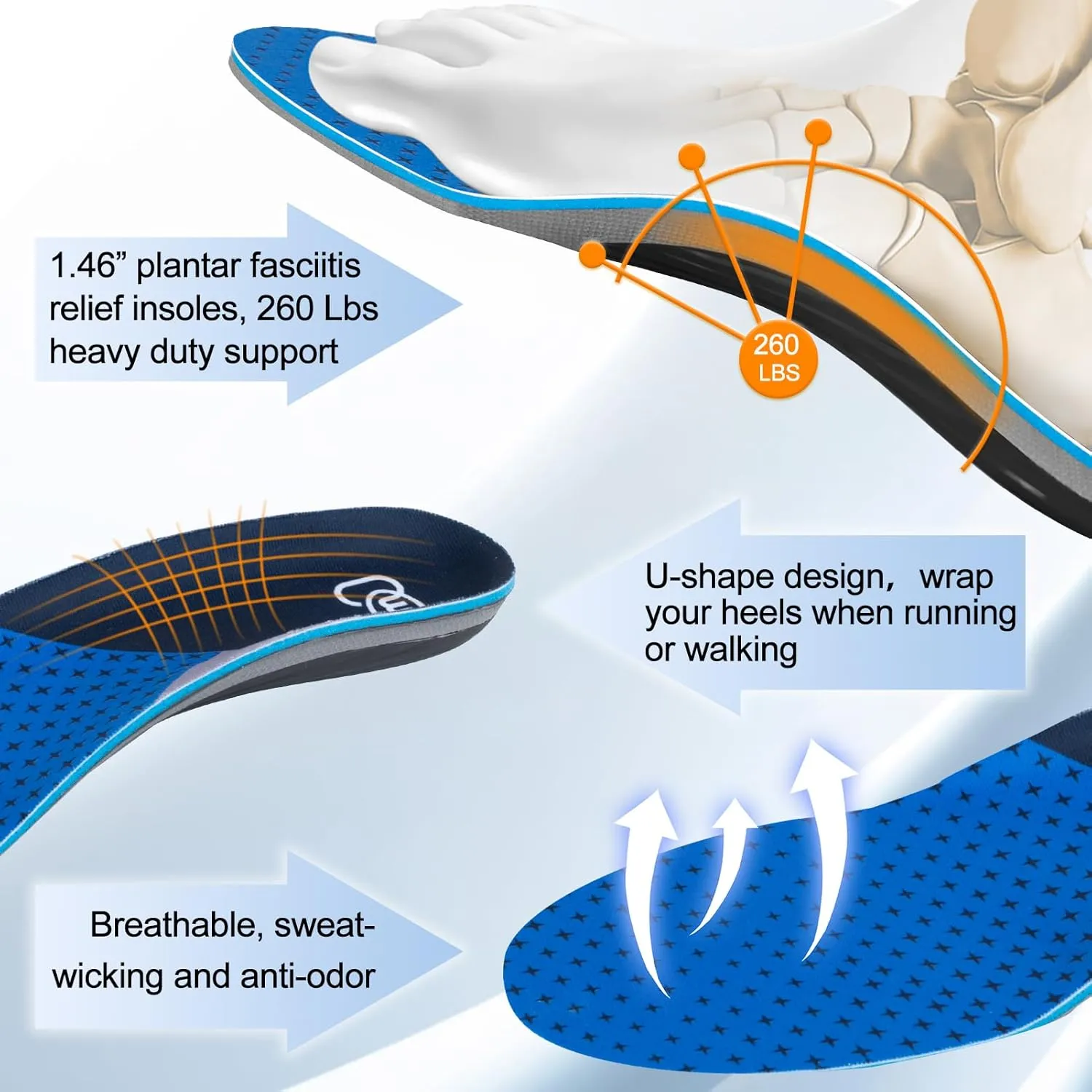 AOTENG STAR Plantar Fasciitis Insoles, High Arch Support Insoles from 240 to 300 lbs, Heavy Duty Orthotic Shoe Inserts for All Day Walking, Standing (Men 10.5 / Women 12(285mm), Blue-Enhanced)