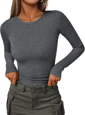 AUTOMET Womens Ribbed Shirts Crewneck Fitted Tops Casual Underscrubs Layer Slim Basic T-Shirts