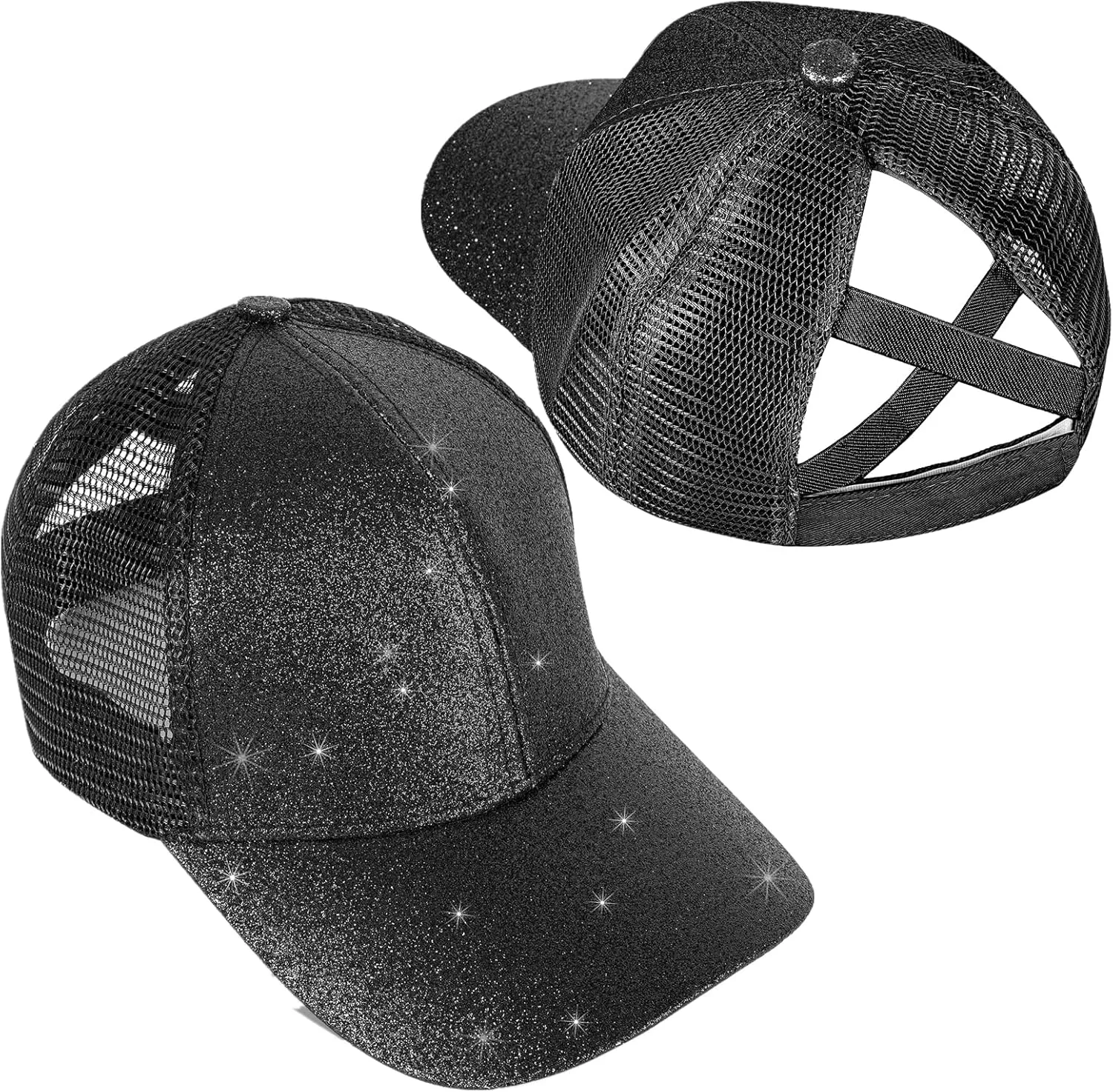 BROMZ Girls Glitter Baseball Cap Kids Ponytail Hat Adjustable Summer Mesh Trucker Hats for 4-12 Years