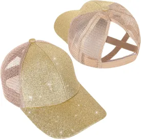 BROMZ Girls Glitter Baseball Cap Kids Ponytail Hat Adjustable Summer Mesh Trucker Hats for 4-12 Years