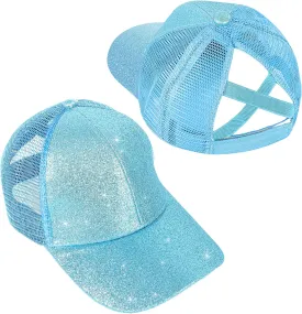 BROMZ Girls Glitter Baseball Cap Kids Ponytail Hat Adjustable Summer Mesh Trucker Hats for 4-12 Years