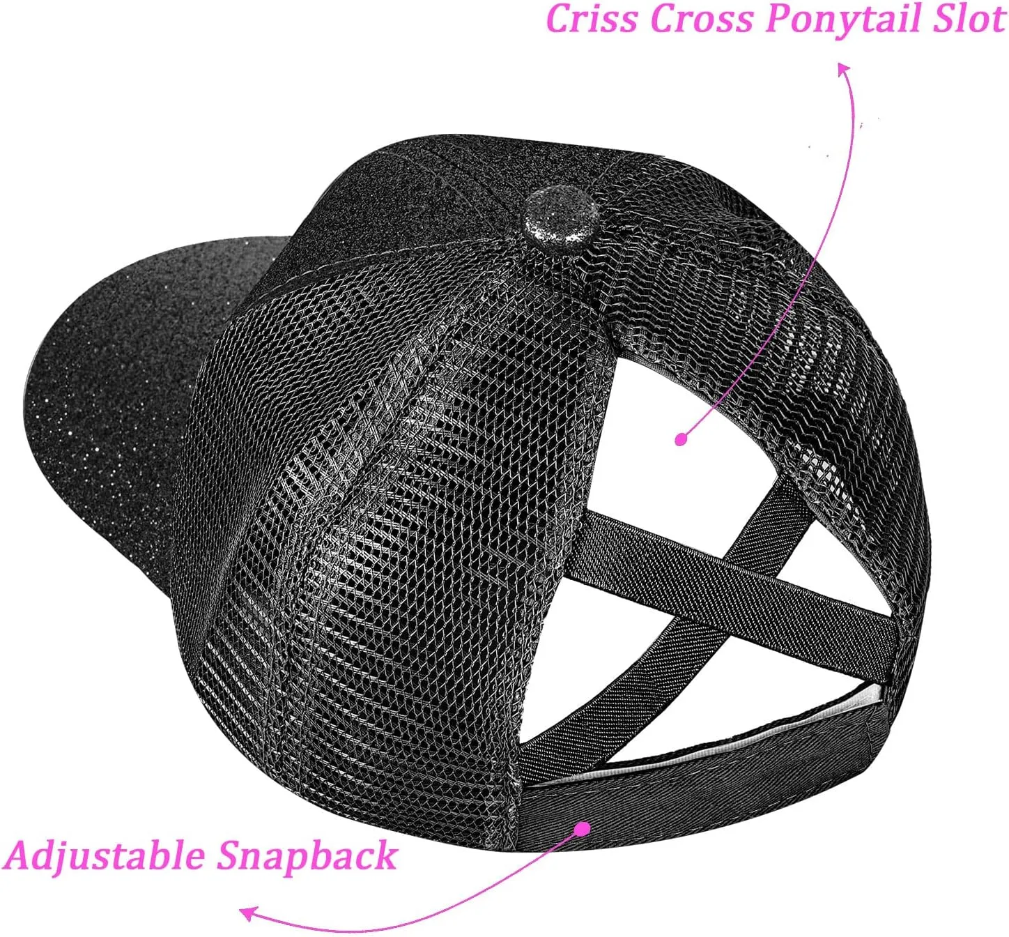 BROMZ Girls Glitter Baseball Cap Kids Ponytail Hat Adjustable Summer Mesh Trucker Hats for 4-12 Years