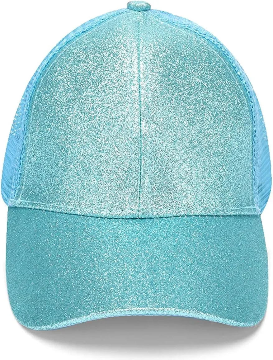 BROMZ Girls Glitter Baseball Cap Kids Ponytail Hat Adjustable Summer Mesh Trucker Hats for 4-12 Years