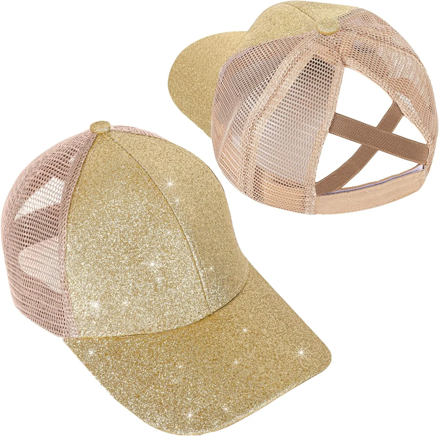 BROMZ Girls Glitter Baseball Cap Kids Ponytail Hat Adjustable Summer Mesh Trucker Hats for 4-12 Years