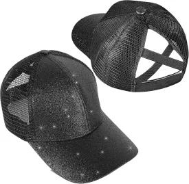 BROMZ Girls Glitter Baseball Cap Kids Ponytail Hat Adjustable Summer Mesh Trucker Hats for 4-12 Years