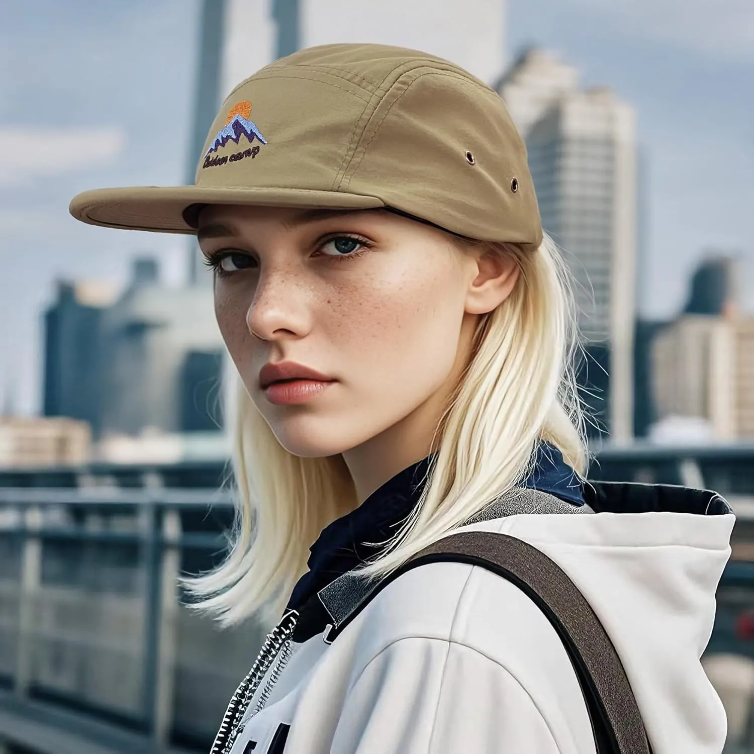 CLAPE Men's Snapback Hat 5 Panel Hat Women Flat Brim Embroidered Baseball Cap with Adjustable Straps Outdoor Camper Hat