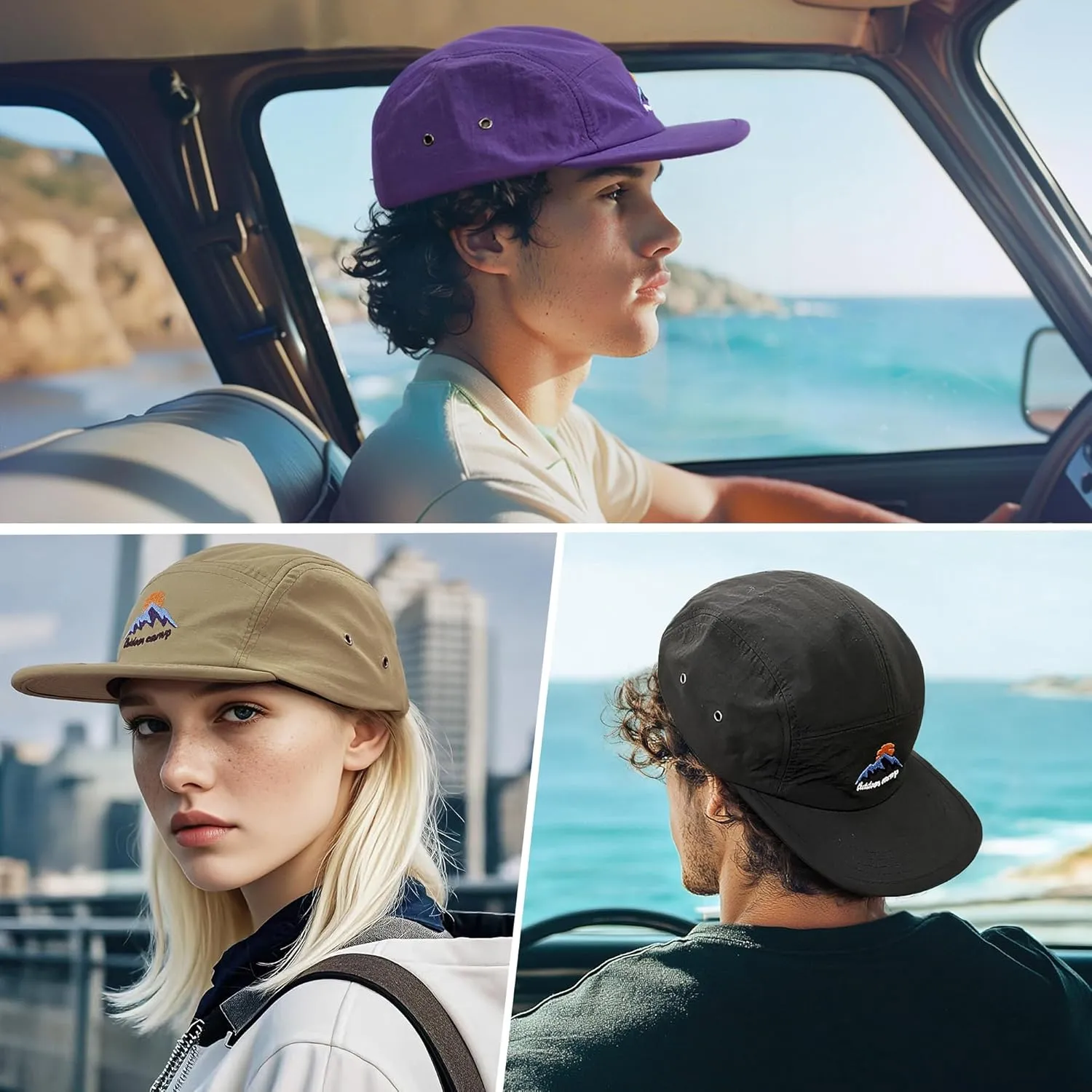 CLAPE Men's Snapback Hat 5 Panel Hat Women Flat Brim Embroidered Baseball Cap with Adjustable Straps Outdoor Camper Hat