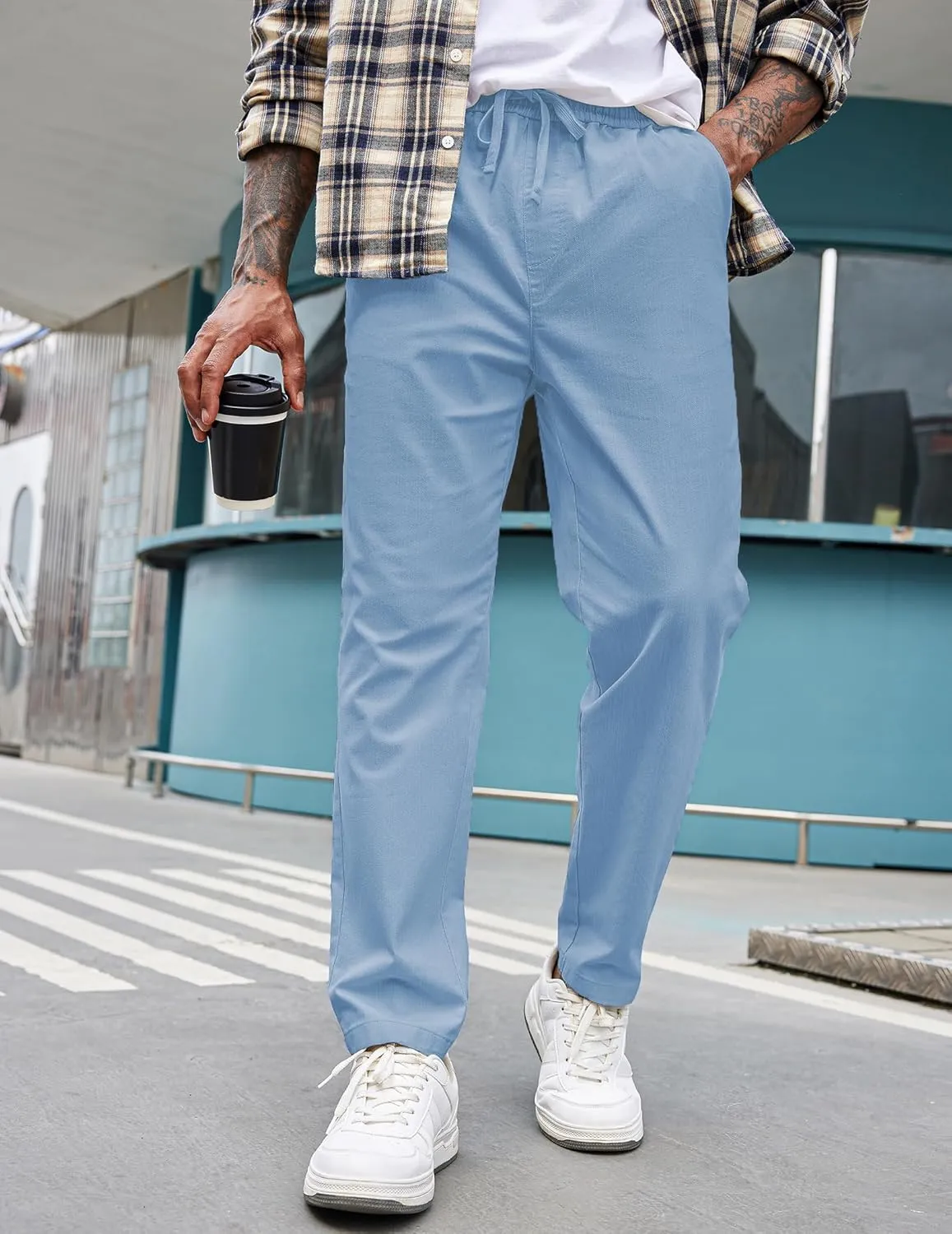 COOFANDY Mens Casual Pants Elastic Waist Drawstring Chino Pants Cotton Twill Trousers with Pockets