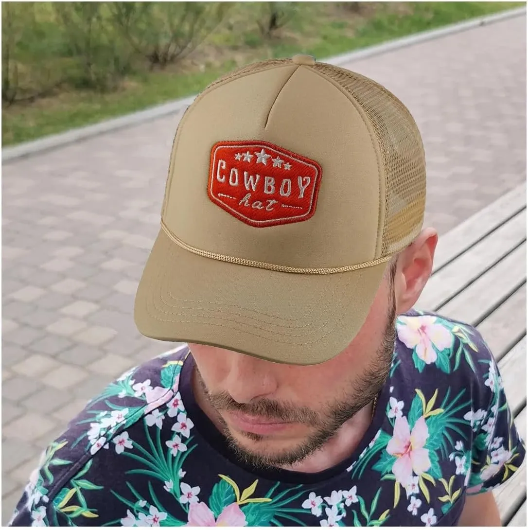 Embroidered Cowboy Trucker Hat Mesh Beach Hat for Ladies and Men Summer Stars Patch Trucker Cap