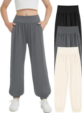 EXARUS 3 Pack Girls Lightweight Baggy Pants Straight/Tapered Wide Leg Pants Elastic Waist Flowy Pants with Pockets 6-14Y