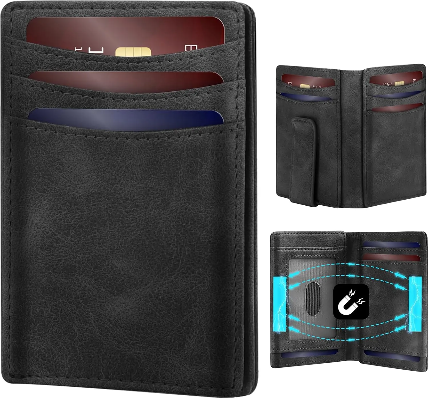 GAOCHALE Wallet for Men [Ultra Slim] Magnetic Closure Minimalist Wallet Genuine Leather Front Pocket Wallet RFID Blocking Card Holder up tp 12  Cards and Money Clip(Black)