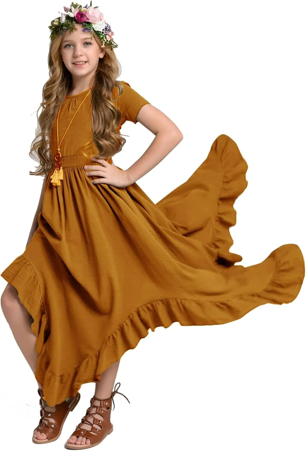 Girls Lace Backless Boho Maxi Swing Dress Flower Girl Dresses for Wedding Party Size 3-14
