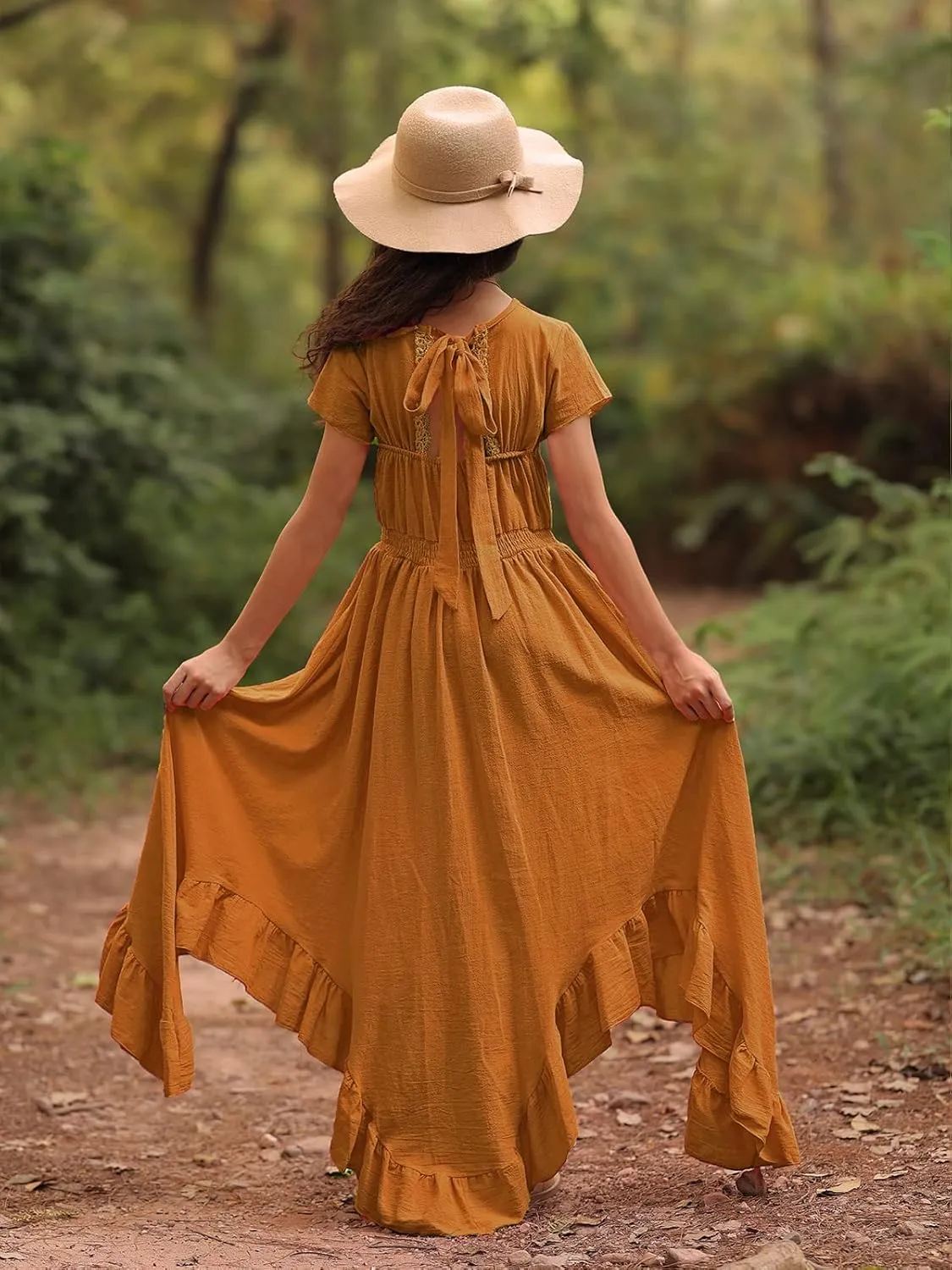 Girls Lace Backless Boho Maxi Swing Dress Flower Girl Dresses for Wedding Party Size 3-14