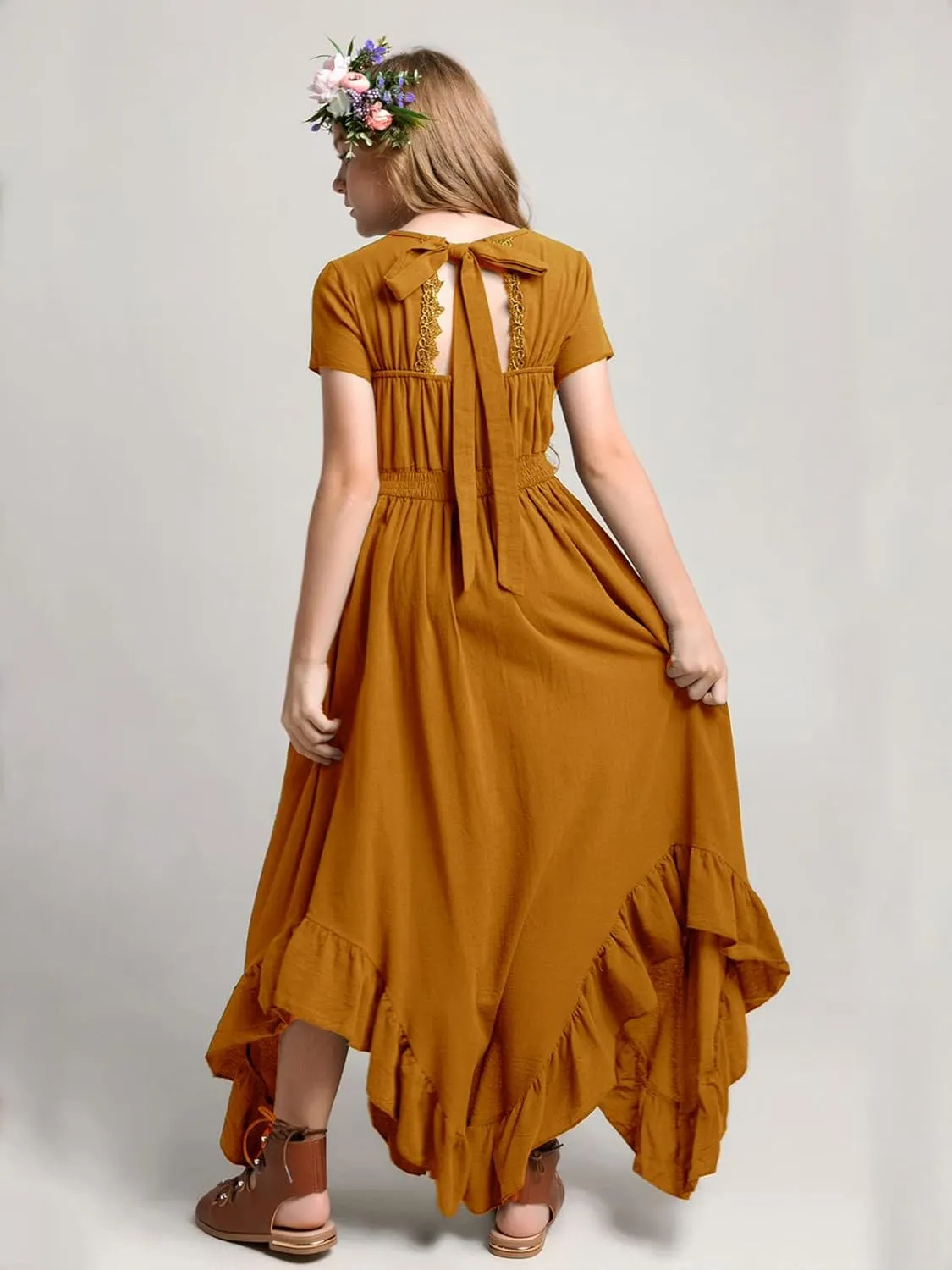 Girls Lace Backless Boho Maxi Swing Dress Flower Girl Dresses for Wedding Party Size 3-14