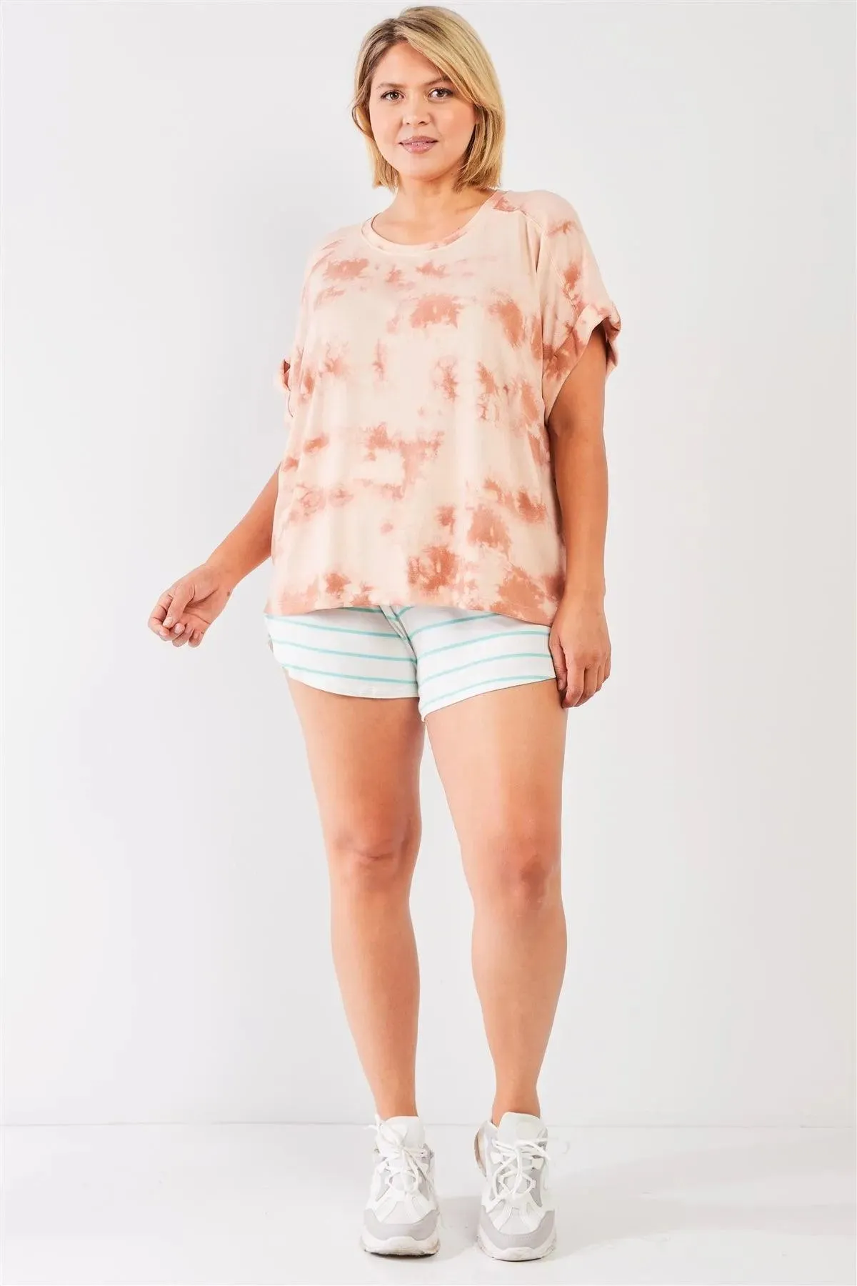 Junior Plus Light Marsala Tie-Die Crew Neck Short Folded Sleeve Top /3-2-1