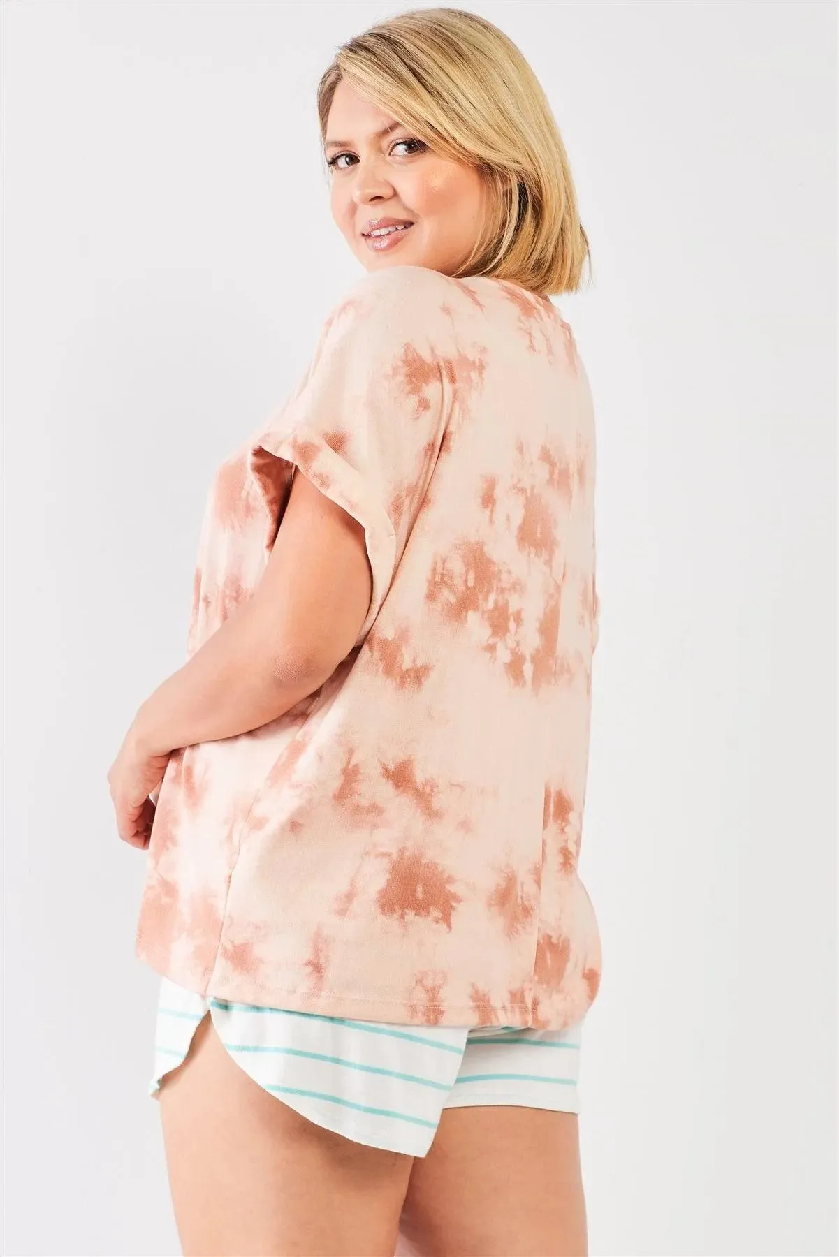 Junior Plus Light Marsala Tie-Die Crew Neck Short Folded Sleeve Top /3-2-1