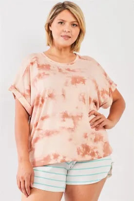 Junior Plus Light Marsala Tie-Die Crew Neck Short Folded Sleeve Top /3-2-1