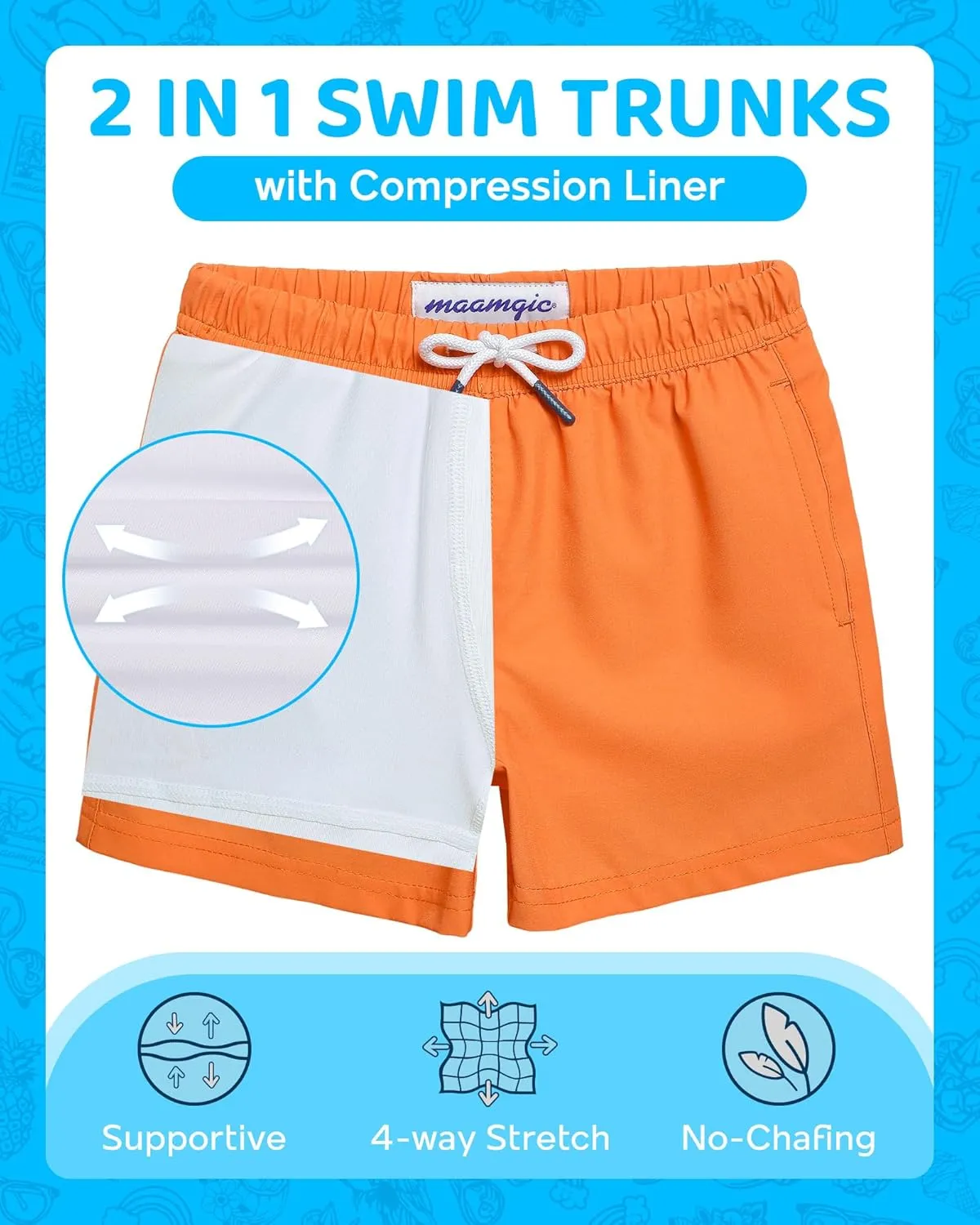 maamgic Boys Swim Trunks with Compression Liner 4-Way Stretch Quick Dry Bathing Suit Toddler Beach Shorts