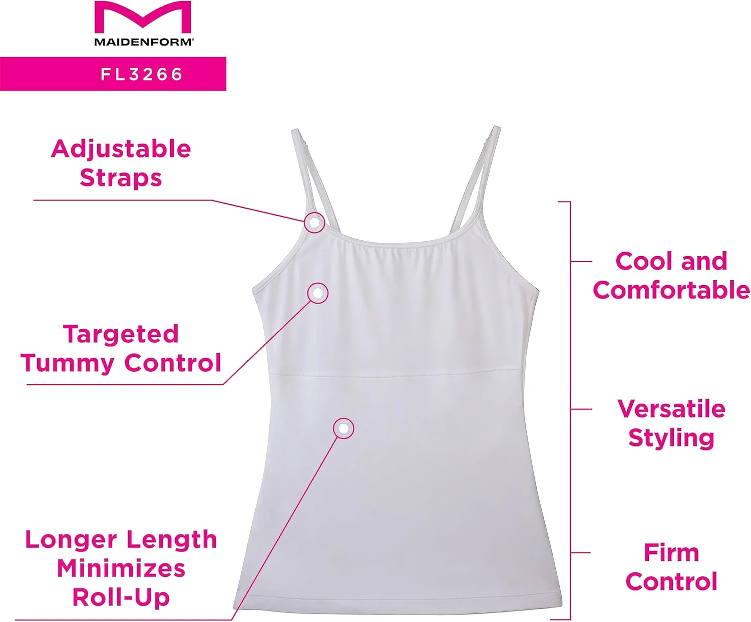 Maidenform Women's Shapewear Cami Tank Top, Tummy Control Tank, Longer Length Back-Smoothing Tank