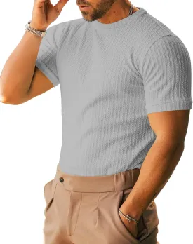 Men's Ribbed Knit T-Shirts Short Sleeve Casual Crewneck Slim Fit Textured Pullover Tees