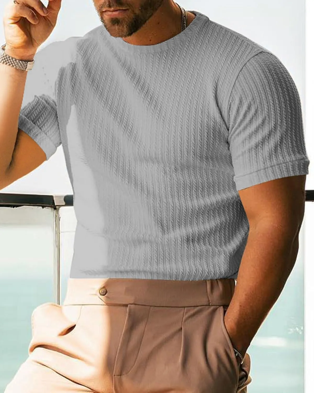 Men's Ribbed Knit T-Shirts Short Sleeve Casual Crewneck Slim Fit Textured Pullover Tees
