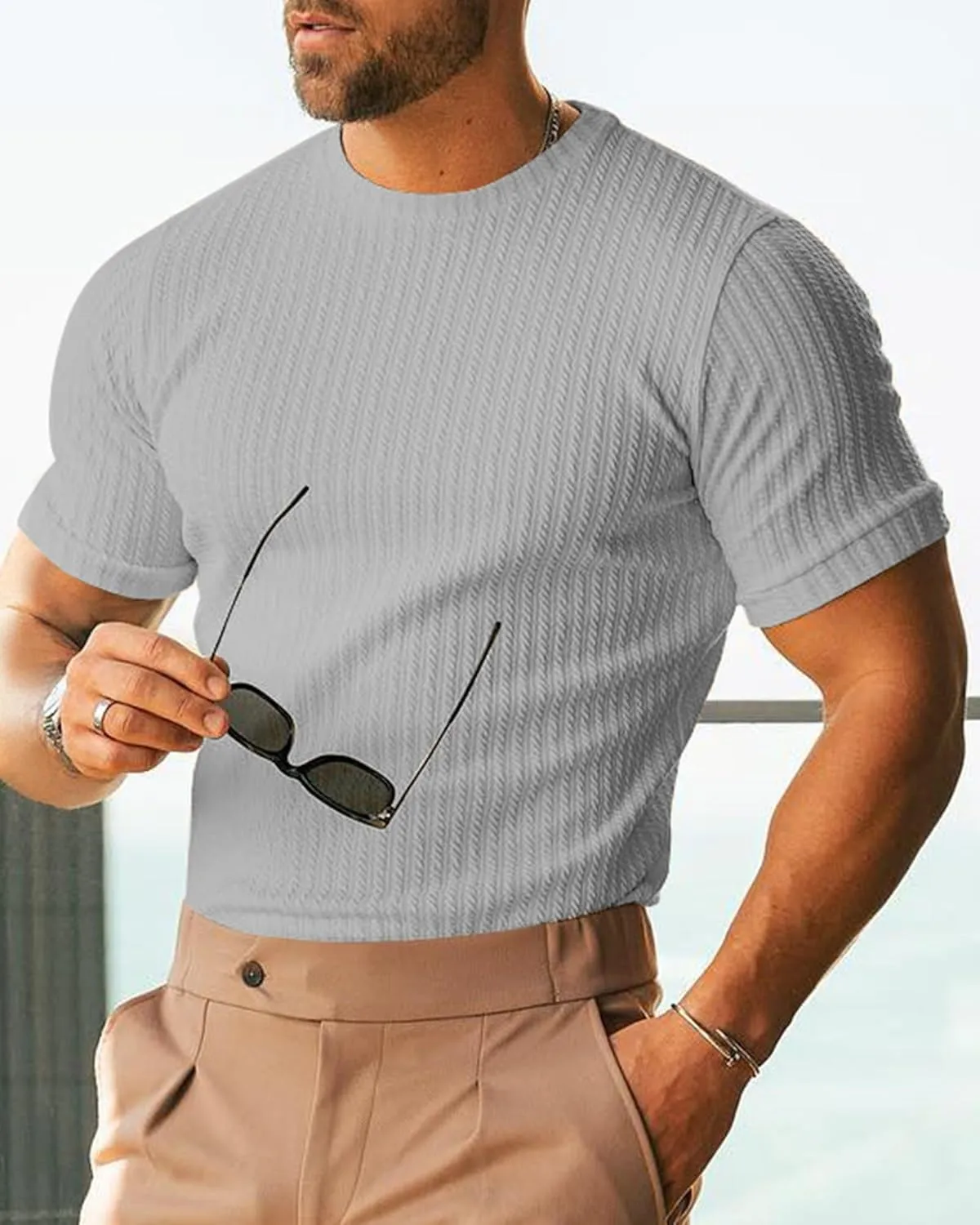 Men's Ribbed Knit T-Shirts Short Sleeve Casual Crewneck Slim Fit Textured Pullover Tees