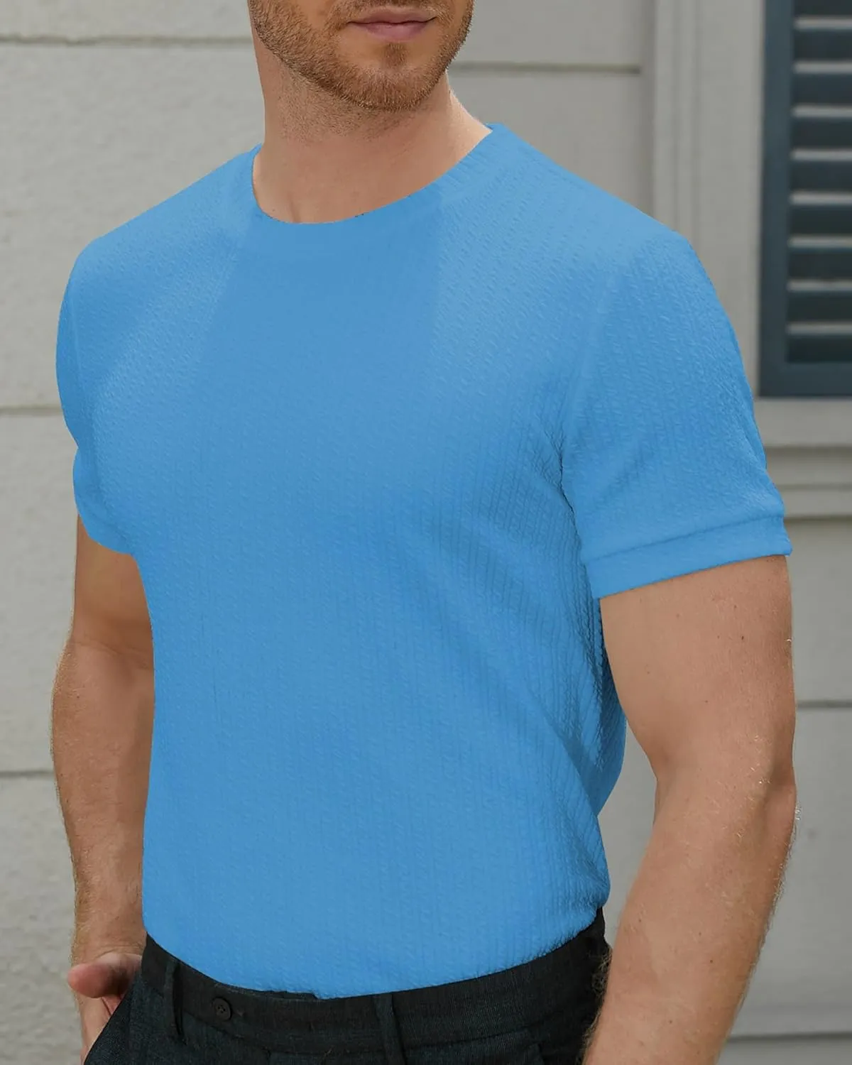 Men's Ribbed Knit T-Shirts Short Sleeve Casual Crewneck Slim Fit Textured Pullover Tees