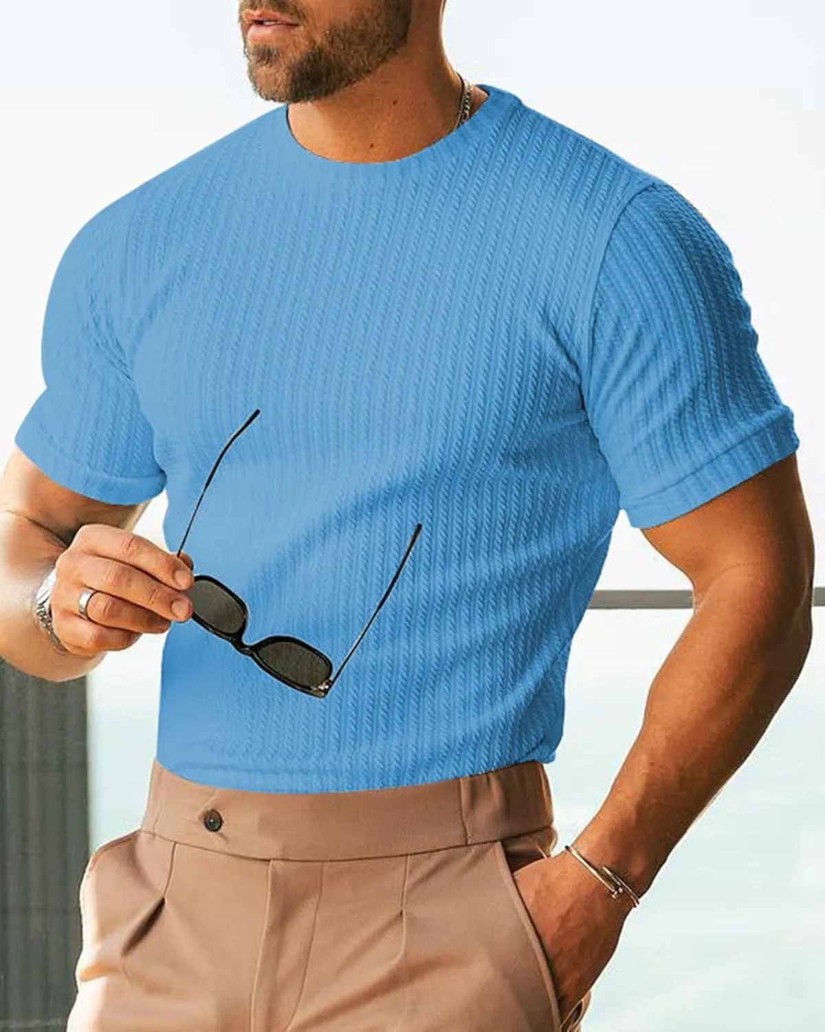 Men's Ribbed Knit T-Shirts Short Sleeve Casual Crewneck Slim Fit Textured Pullover Tees