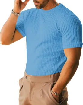 Men's Ribbed Knit T-Shirts Short Sleeve Casual Crewneck Slim Fit Textured Pullover Tees