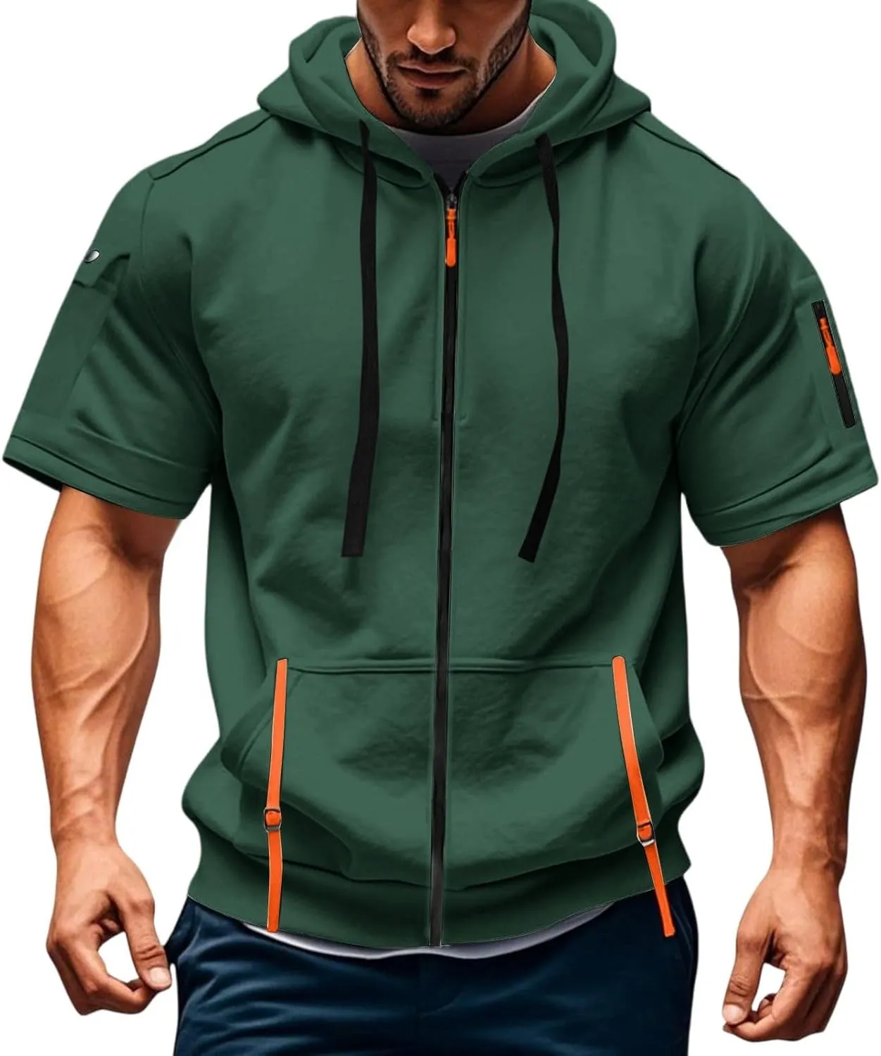 Mens Tactical Full Zip Hoodies Short Sleeve Hooded Cargo Workout Outdoor Sweatshirt with Pockets