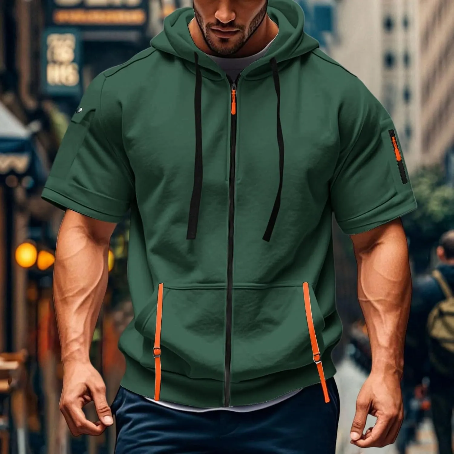 Mens Tactical Full Zip Hoodies Short Sleeve Hooded Cargo Workout Outdoor Sweatshirt with Pockets