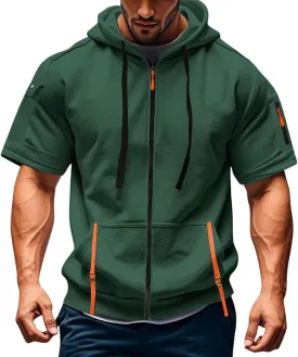 Mens Tactical Full Zip Hoodies Short Sleeve Hooded Cargo Workout Outdoor Sweatshirt with Pockets