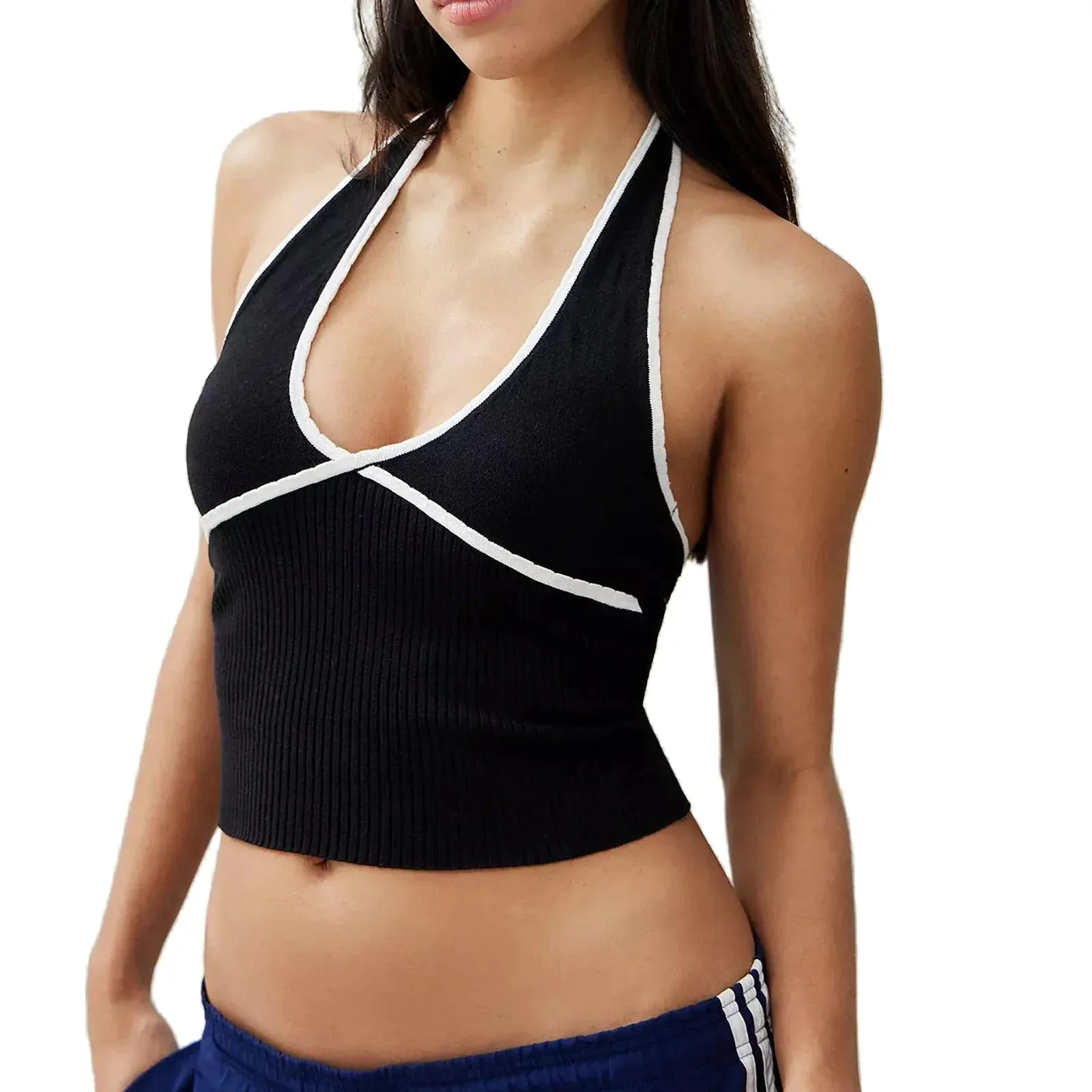 Neck Slim Fit Sexy Low Cut Summer Tie-Up Crop Halter Top