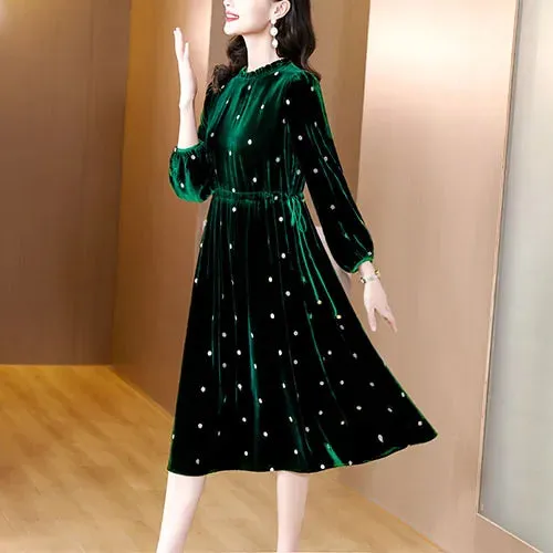 Polka Dot Ruffled Neck Velvet Midi Dress