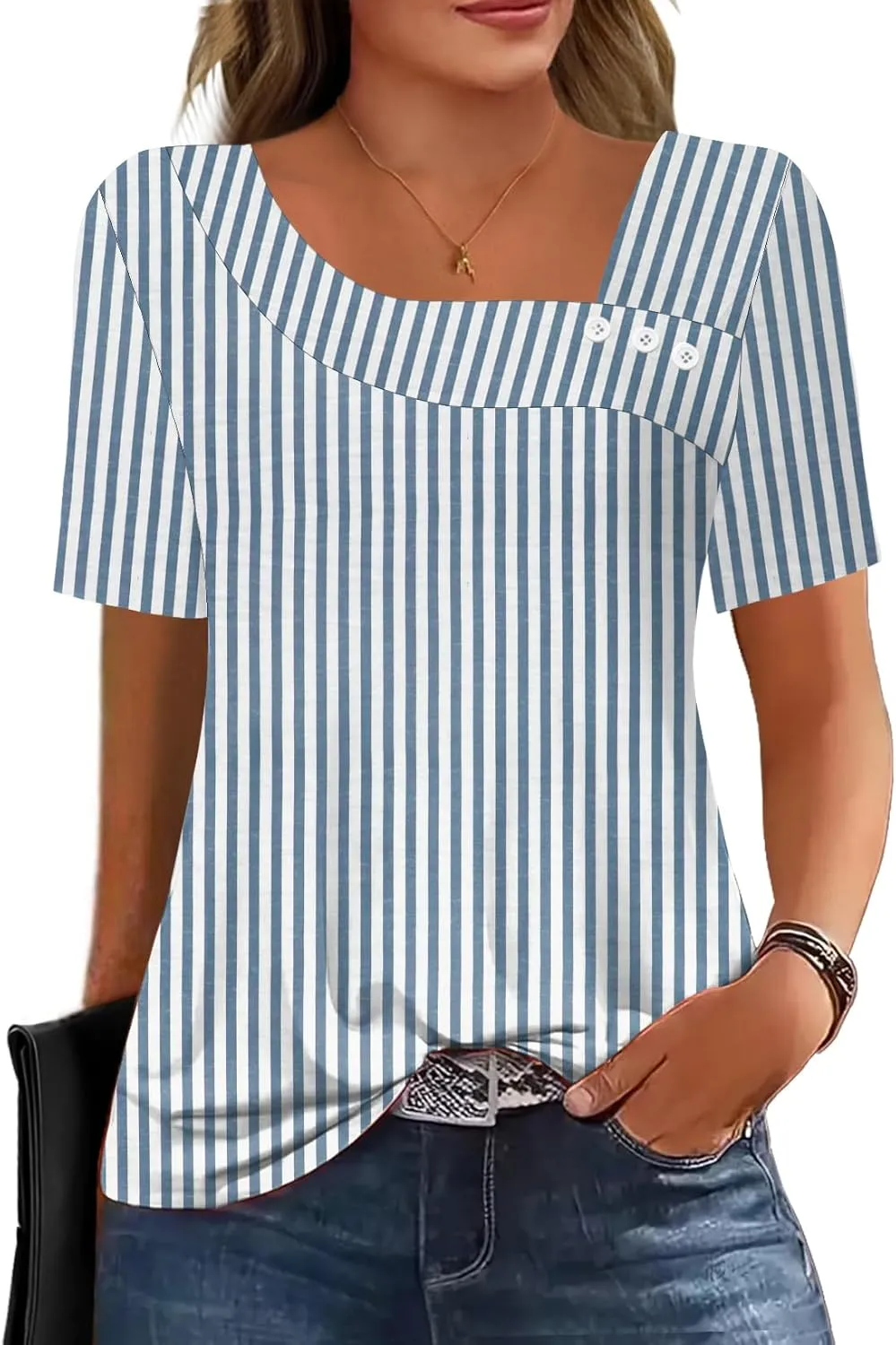 Soesdemo Womens Summer Tops Asymmetrical Neck Short Sleeve Button Dressy Casual Lightweight Tunic T Shirts Blouse