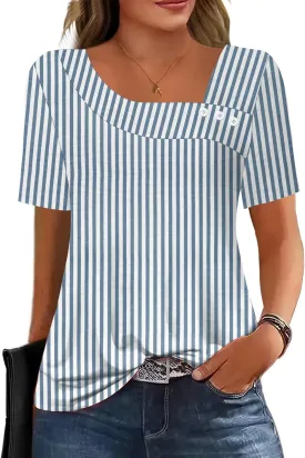 Soesdemo Womens Summer Tops Asymmetrical Neck Short Sleeve Button Dressy Casual Lightweight Tunic T Shirts Blouse