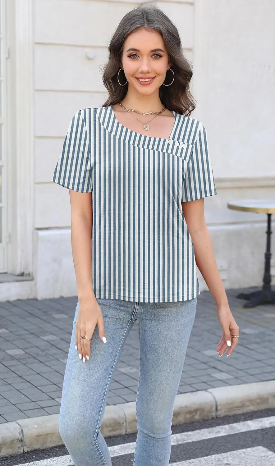 Soesdemo Womens Summer Tops Asymmetrical Neck Short Sleeve Button Dressy Casual Lightweight Tunic T Shirts Blouse