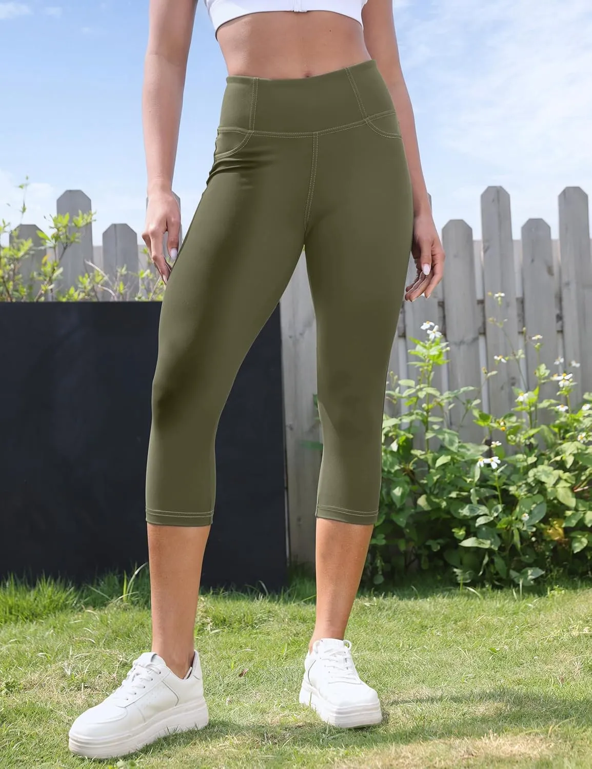 VOOVEEYA Capri Leggings for Women, High Waisted Yoga Pants with Back Pockets Crop Workout Capris Pants