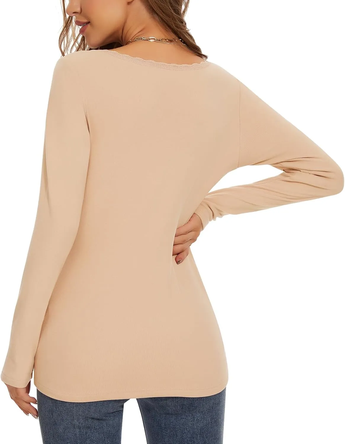 WOWENY Womens Long Sleeve Thermal Shirts V Neck Lace T Shirts Underwear Tops Basic Fitted Tees