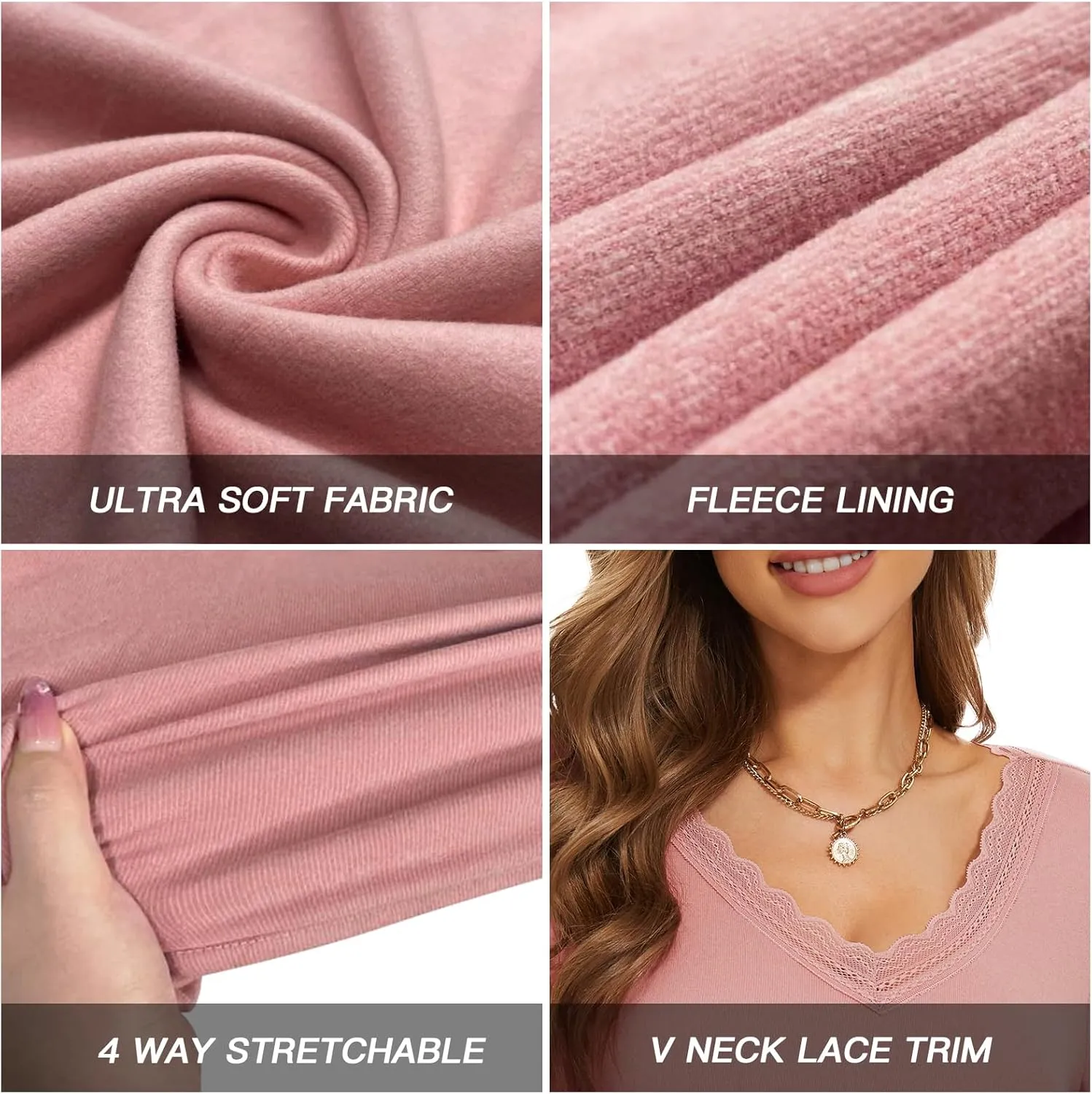 WOWENY Womens Long Sleeve Thermal Shirts V Neck Lace T Shirts Underwear Tops Basic Fitted Tees